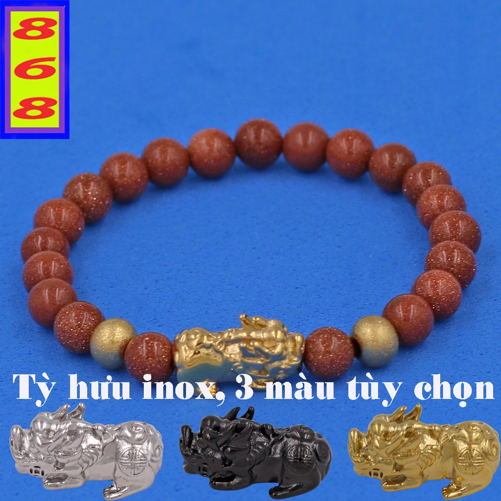 Chuỗi tay Kim Sa Tự Nhiên 6 ly 2 BICharm Tỳ Hưu inox VKSTHHBV6 - Hợp mệnh Kim, mệnh Thổ - Chuỗi size nhỏ - Phong thủy 86