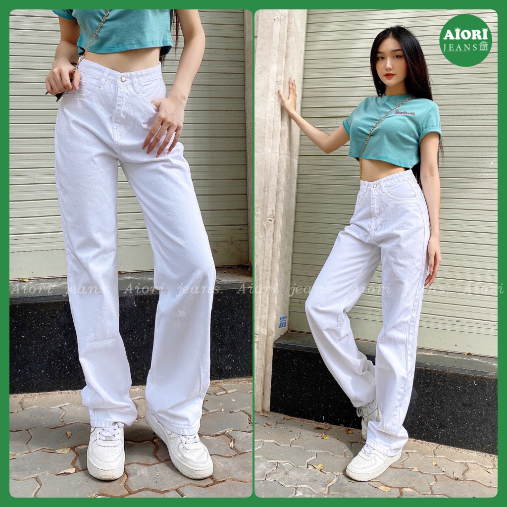 Quần Jean Nữ Aiori Fashion Ống Suông Lưng Cao Trắng Đen Quần Bò Ống Rộng Culottes Cotton Ulzzang, Hàng Cao Cấp_Mã AF3335