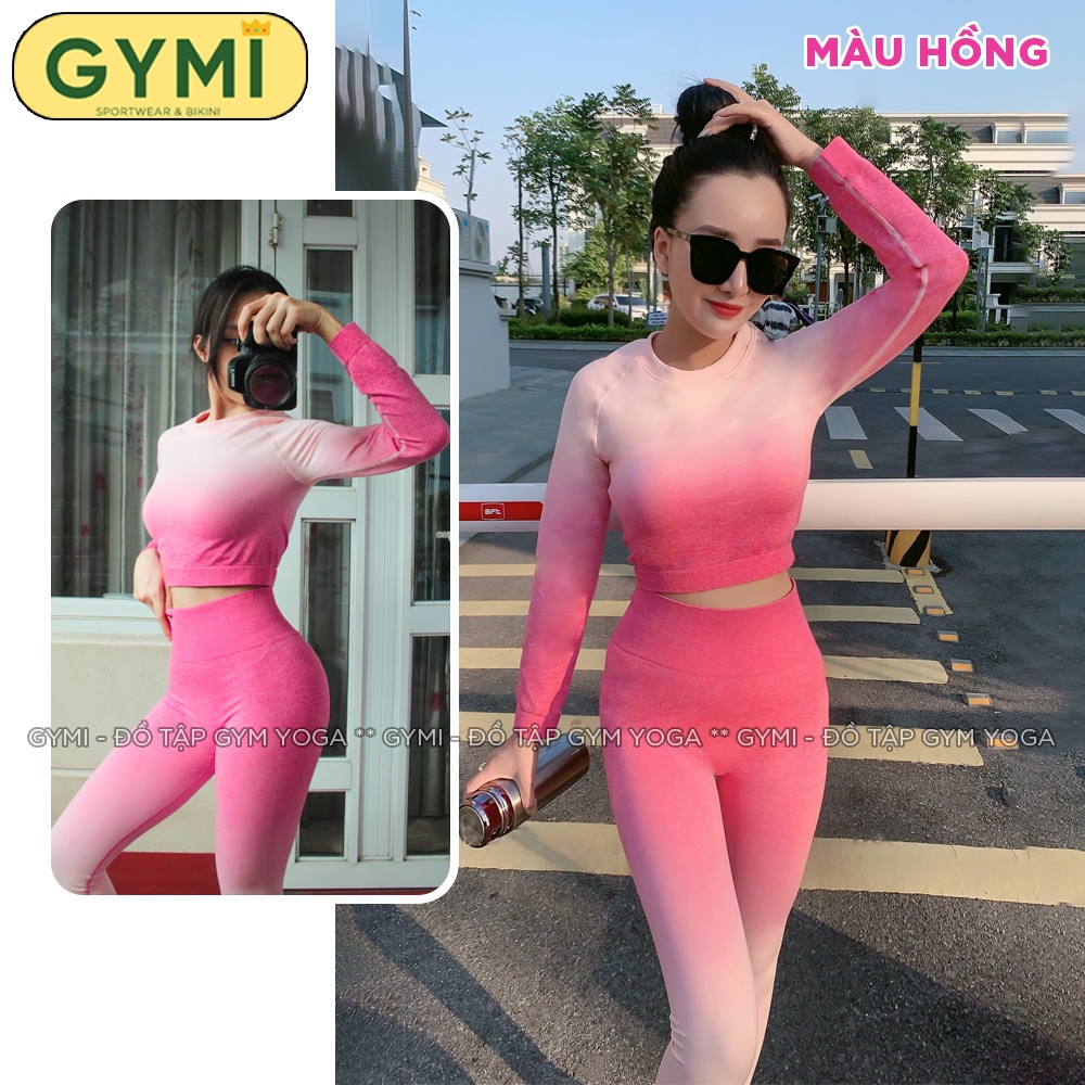 Set bộ đồ tập gym yoga nữ GYMI SET19 gồm áo croptop dài tay và quần legging thể thao chất dệt kim phối màu loang