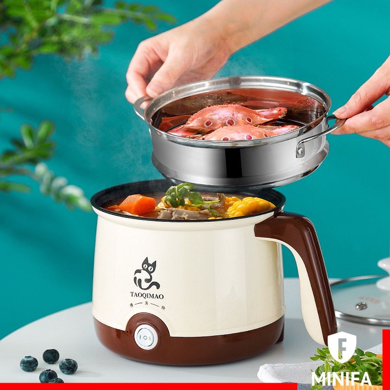 Ca Nấu Mì Chống Dính 18cm (Nút Bấm), Nồi Lẩu Mini Cầm Tay, Nấu Cơm Đa Năng Có Tay Cầm Kèm Giá Hấp Tiện Lợi