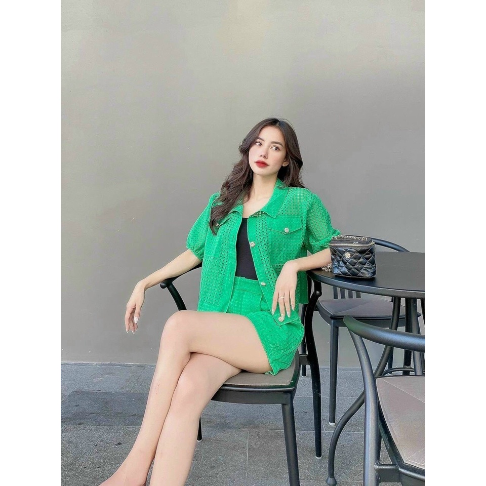 [8.8 Sales Freeship] Set bộ đùi lưới đi biển, set áo sơ mi phối túi đính nút mix quần short đùi phồng cá tính