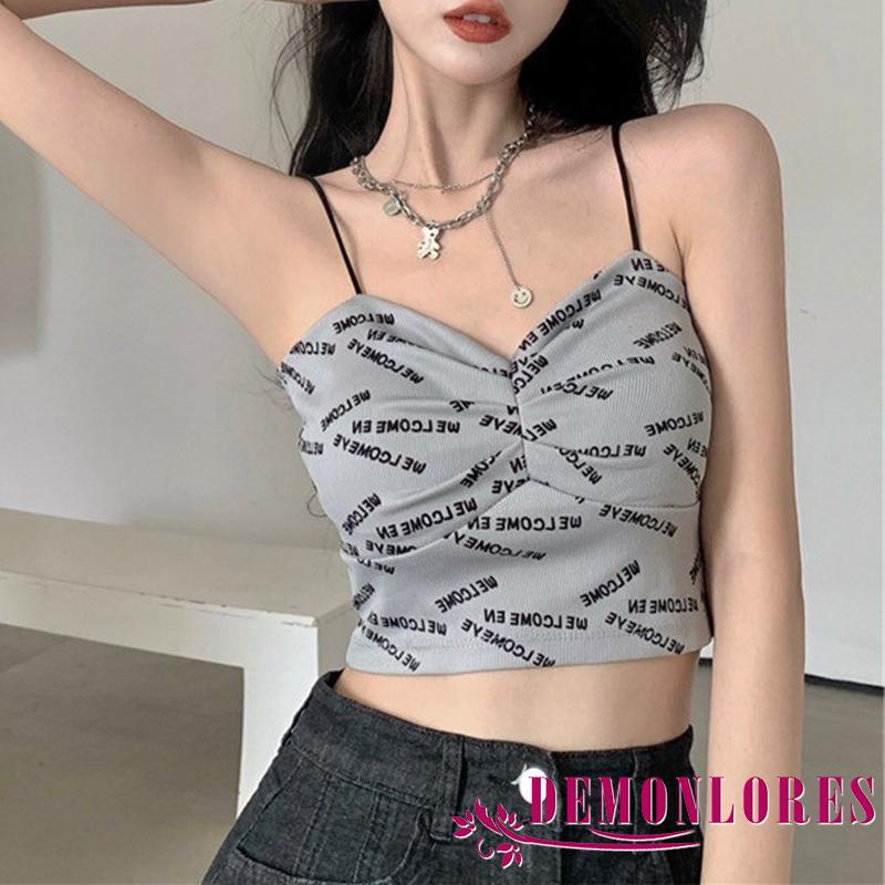 Áo Croptop Hai Dây Cổ Chữ V In Chữ Gợi Cảm Cho Nữ