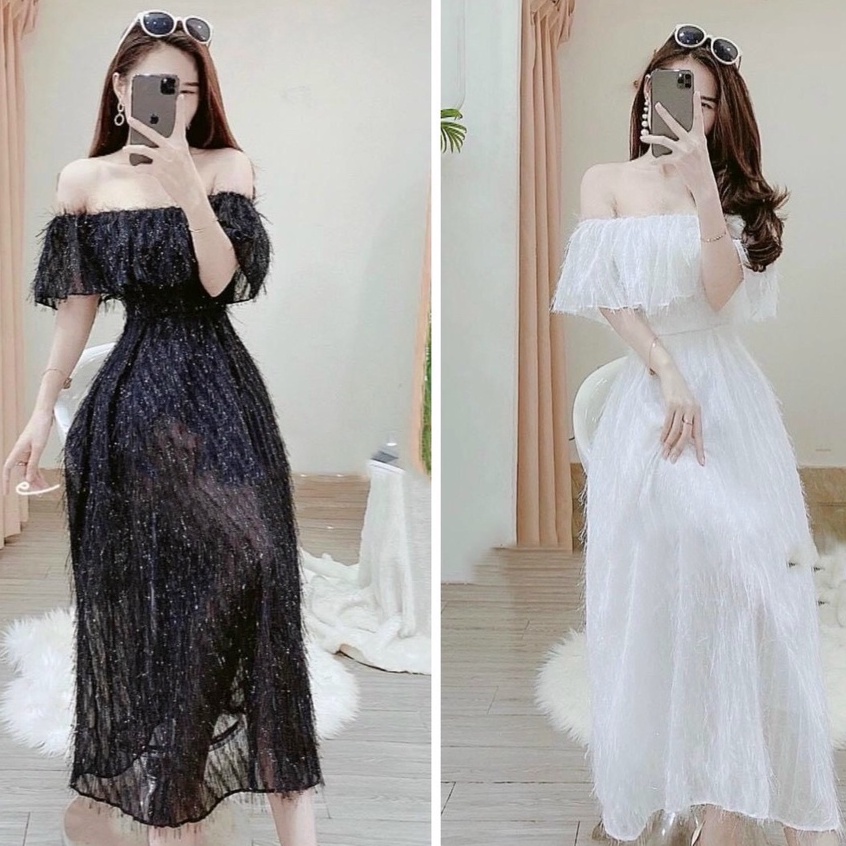 Đầm Dự Tiệc Nữ Trễ Vai Lông Tua Rua Ánh Kim, Váy Tiểu Thư Trắng Đen, Đi Chơi LO04