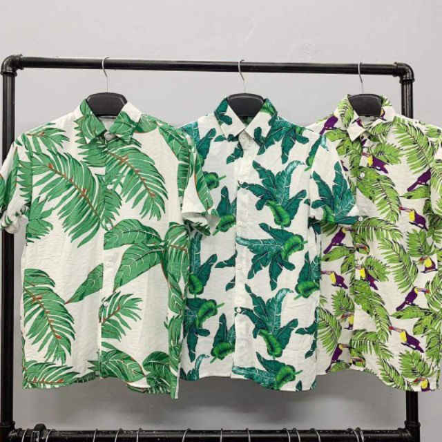Áo sơ mi hoa quả đi biển chất tơ đũi mẫu lá