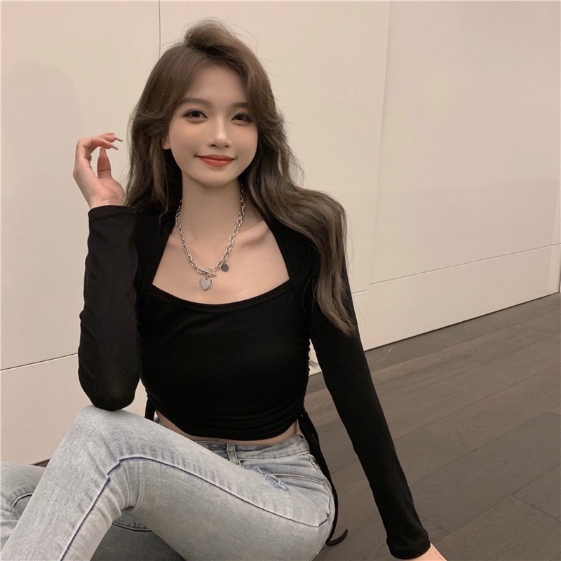 [freeship] Áo Thun Dây Rút  Sọc Cô Bẻ Dáng Croptop Siêu Hot (Màu xanh,hồng ,đỏ,đen)