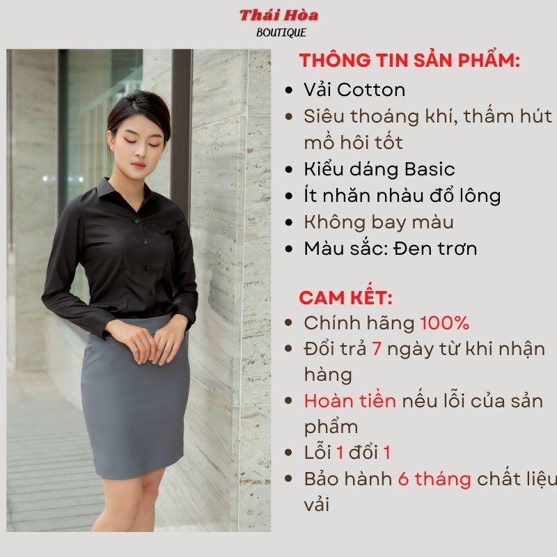 Áo sơ mi đen nữ tay dài công sở kiểu đẹp bigsize cotton mềm min Thái Hoà 047-15-01