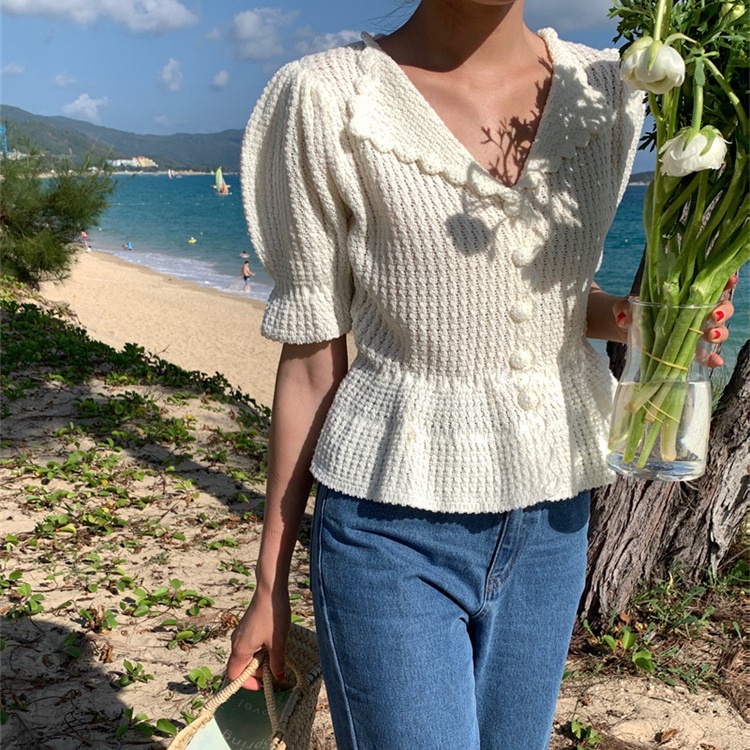 Áo dệt kim SUXI tay phồng ngắn màu trơn thanh lịch cho nữ