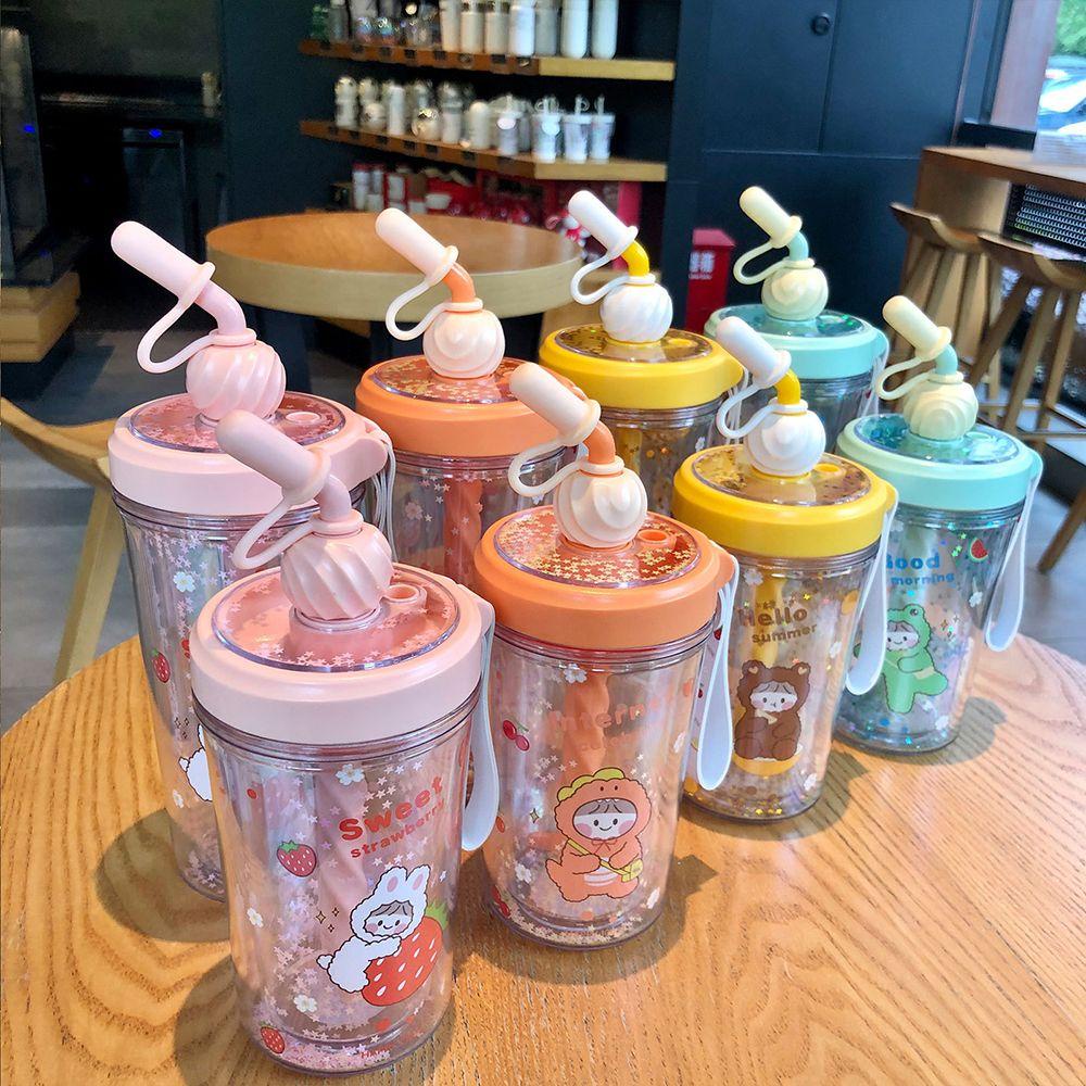 KUNHEV Cốc Nhựa Uống Nước Chống Bụi Có Ống Hút In Hoa Mẫu Đơn Dễ Thương Sáng Tạo