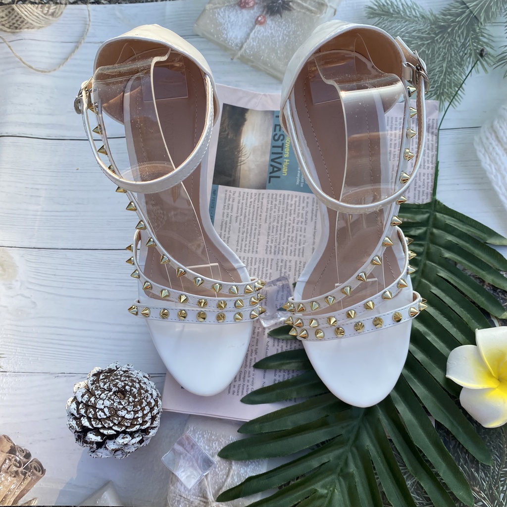 Giày cao gót đế nhọn 12 phân Womenstyle đính đá nhọn sang chảnh, sandal đính đồng 2 màu trắng, đen chuẩn size 35-39 TD24