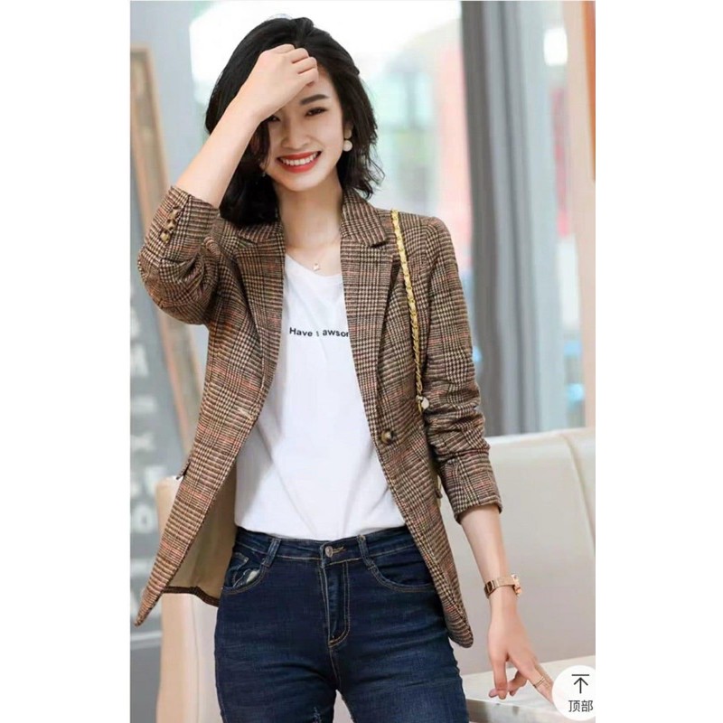 Áo vest tay dài màu trơn caro cho nữ khoác ngoài màu kem vàng-VH6003