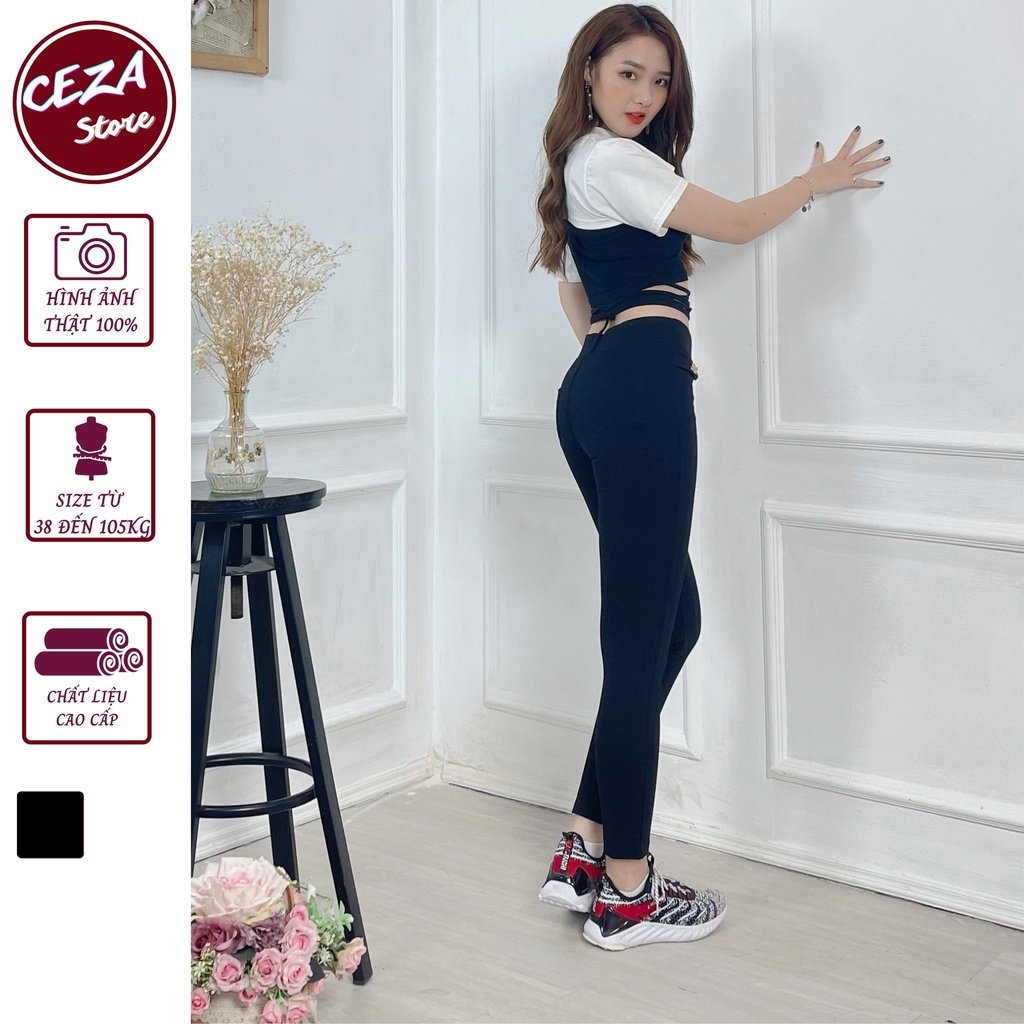 Quần legging nữ,quần thun nữ dáng dài đính logo vải umi hàn cao cấp, co dãn 4 chiều big size đến 105kg - Ceza