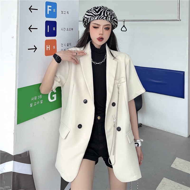 Áo Blazer Nữ [Tiệm Vải Xinh] Áo Blazer Cộc Tay Kèm Dây Xích Cá Tính - 1 Lớp