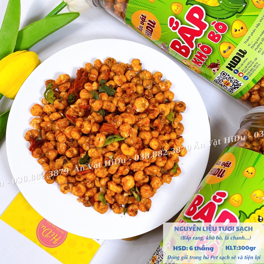 Bắp sấy khô bò lá chanh HiDu 300gr loại ngon giòn tan