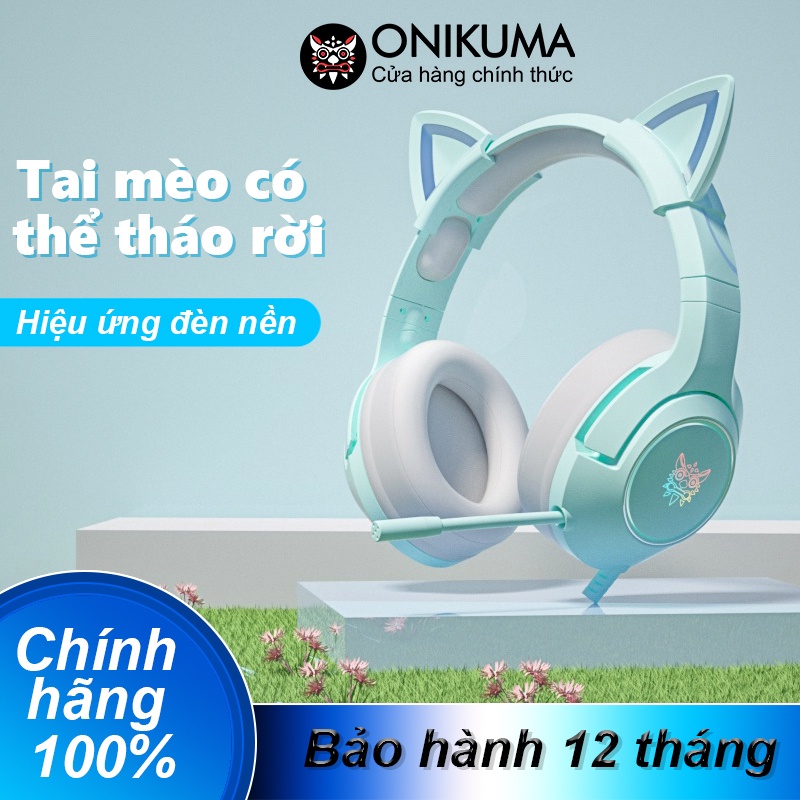 ONIKUMA K9 Tai nghe chơi game tai mèo màu xanh lá dễ thương có micro, cho máy tính, điện thoại PC PS5, PS4, Xbox.