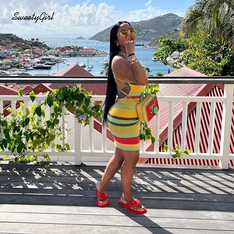 Đầm Mini Không Tay Cổ Tròn Họa Tiết Kẻ Sọc Nhiều Màu Sắc Ôm Dáng Thời Trang 2022 Cho Nữ