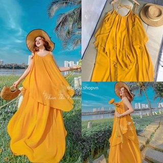 Maxi 2 tầng vàng cổ yếm xoè váy du lịch. Chất voan lụa tơ hình thật - Bisou