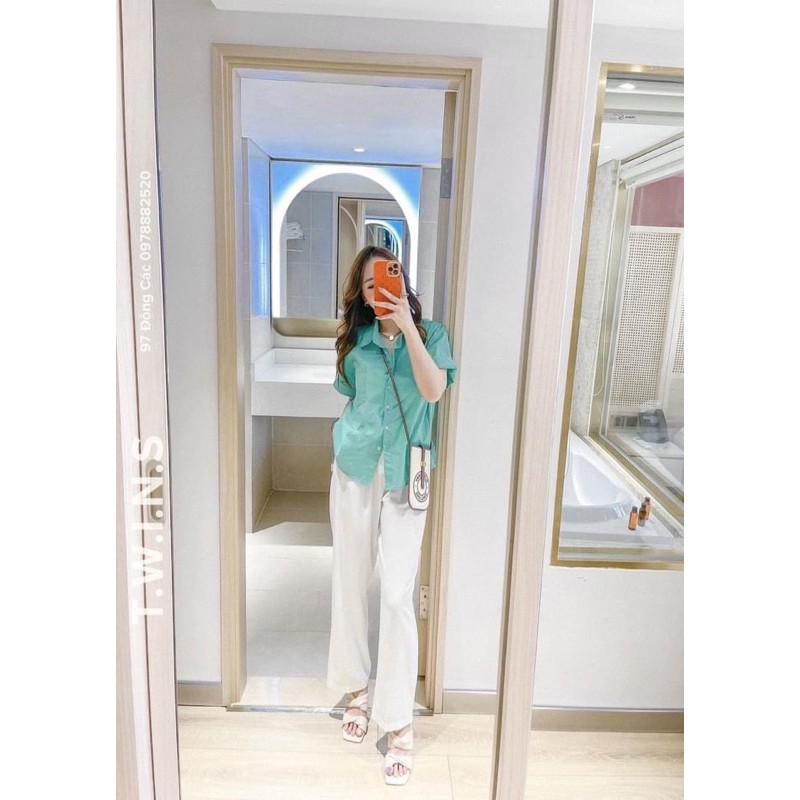 set bộ và áo sơ mi gu màu xanh tay dơi gập gấu siêu hot