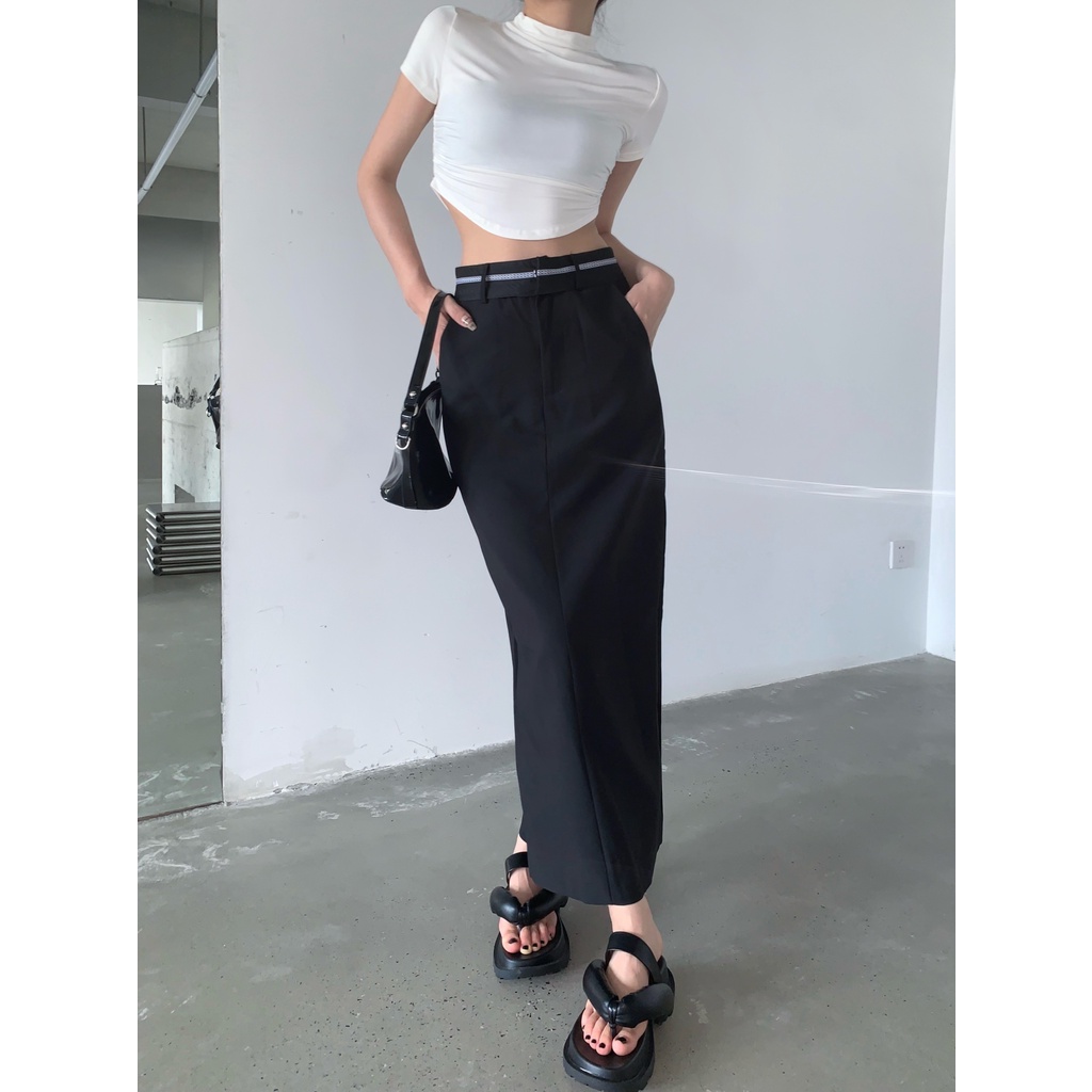 Bộ Áo Ngắn / Chân Váy Lưng Cao Xẻ Tà Đơn Giản Thời Trang Dành Cho Nữ