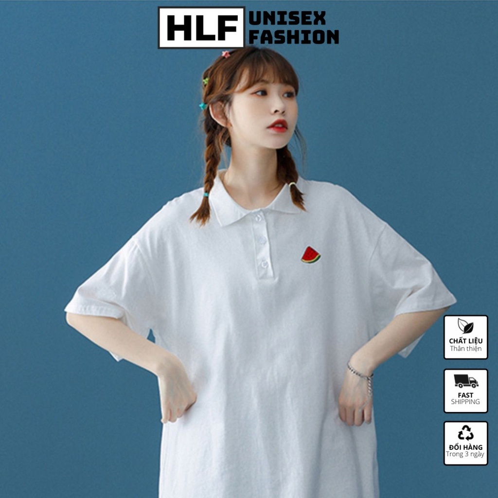 Áo thun polo cổ bo dệt Ulzzang thêu dưa hấu và trái đào, áo thun có cổ HLFashion