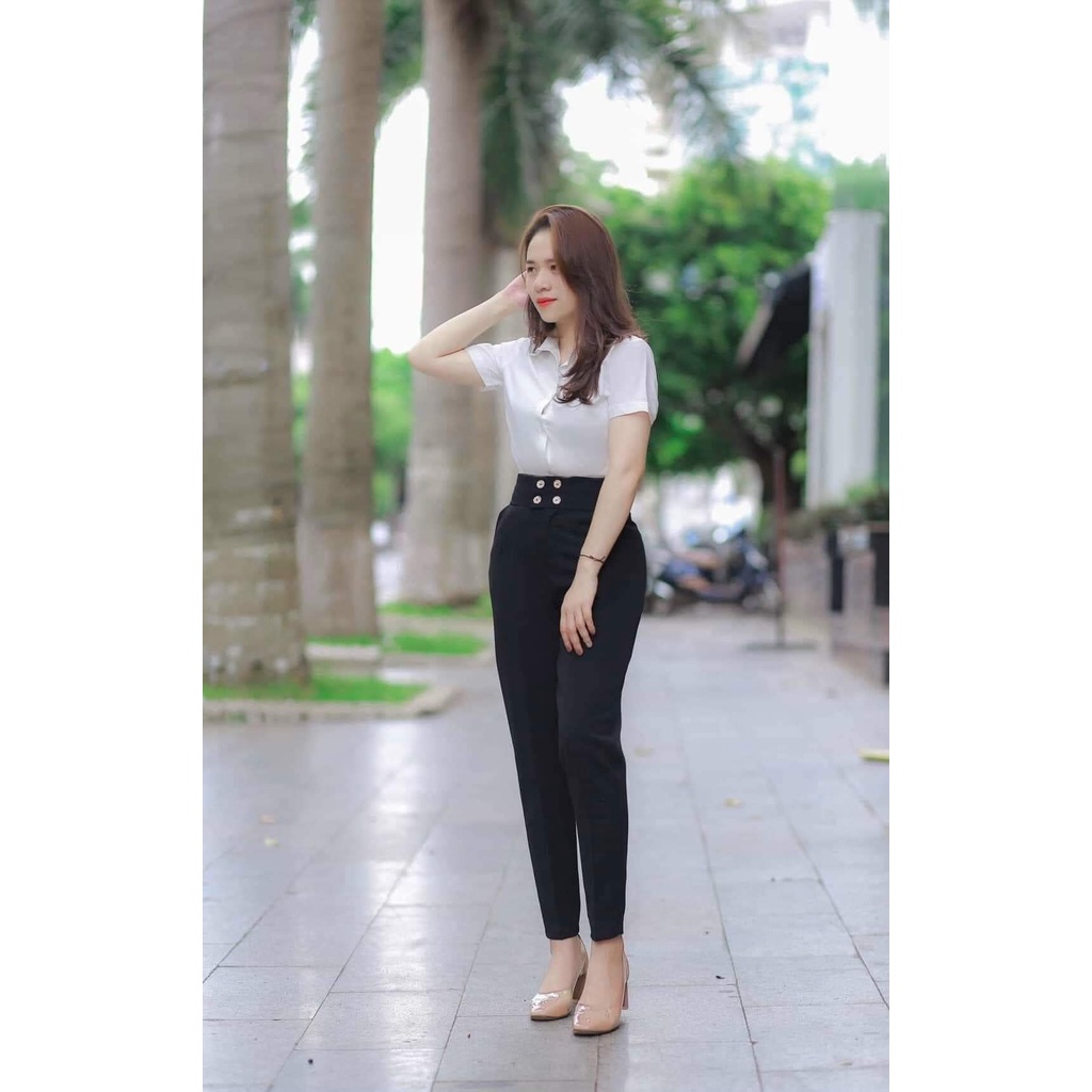 Quần tây nữ lưng cao chất tuyết mưa quần bagyy nữ cạp cao phối 4 cúc bấm mặc công sở đi học