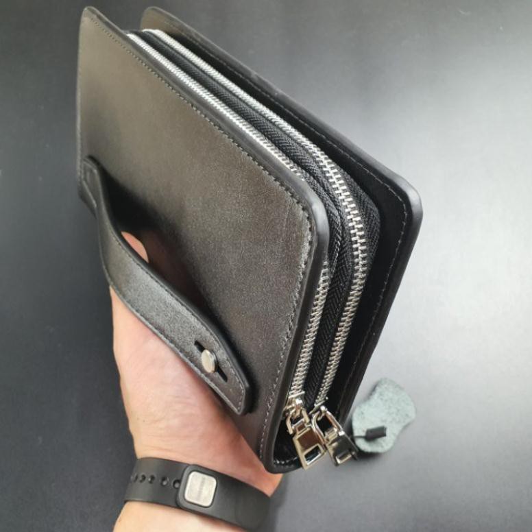 [Da thật] Clutch da thật 2 ngăn kéo, da trơn - 100% da bò thật