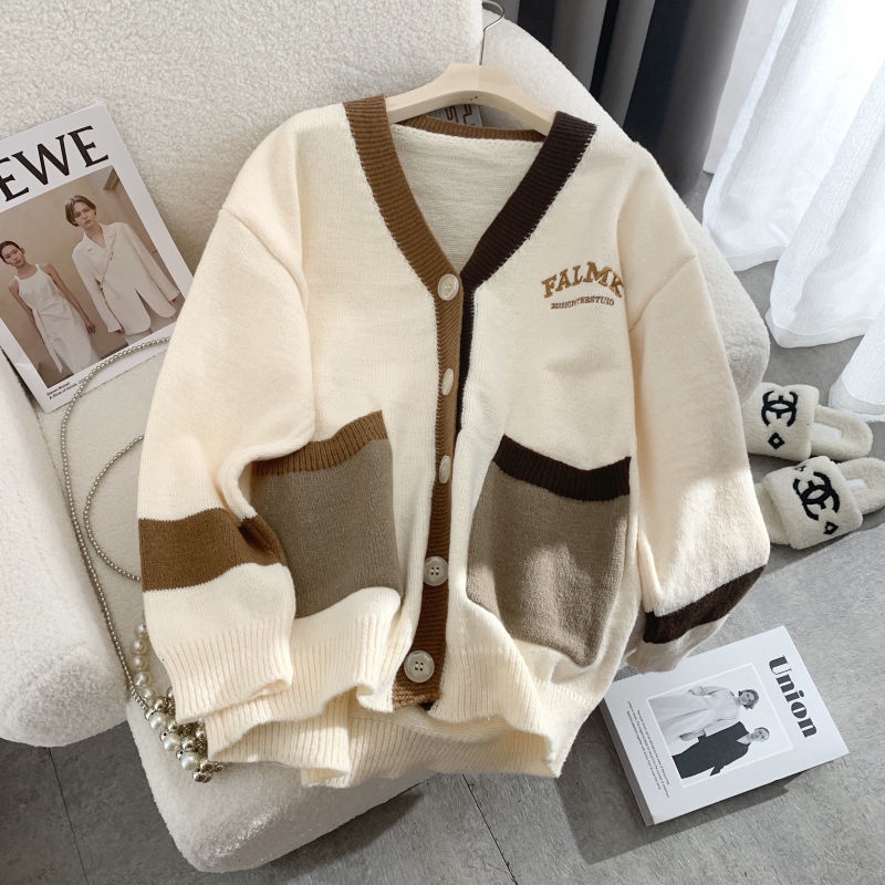 Áo Khoác Cardigan Dệt Kim Dáng Rộng Thêu Chữ Màu Sắc Tương Phản Thời Trang Thu Đông Cho Sinh Viên