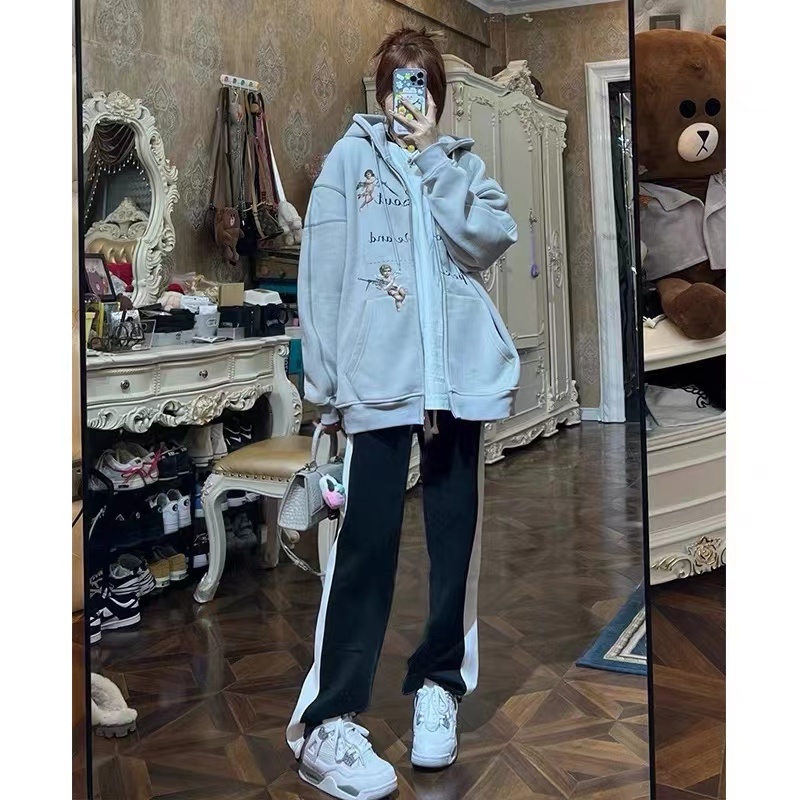 【ZHELIHANGFEI】Quần Dài Lưng Cao Ống Rộng Màu Đen Thời Trang Trẻ Trung