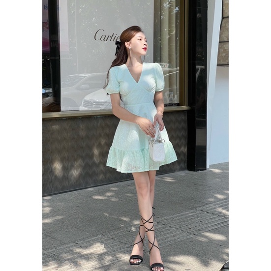 Đầm hoa mai xanh form ngắn dáng xòe tiểu thư xinh xắn - Byveestyle