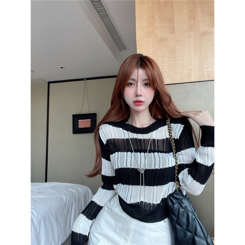 Áo kiểu dệt kim mỏng tay dài phong cách Hàn Quốc thời trang dành cho nữ