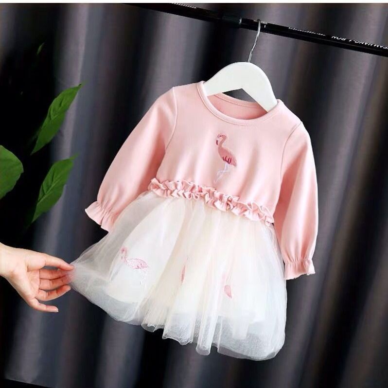 [Yumi's House] Đầm xòe tay dài hồng hạc cho bé gái hàng Quảng Châu 100% cotton