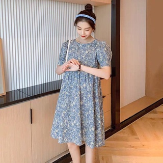 Đầm bầu hoa nhí ❤️ Váy bầu bigisze thời trang mùa hè thiết kế cổ tròn hoa xanh chất lụa hàn freesize từ 45 đến 70kg