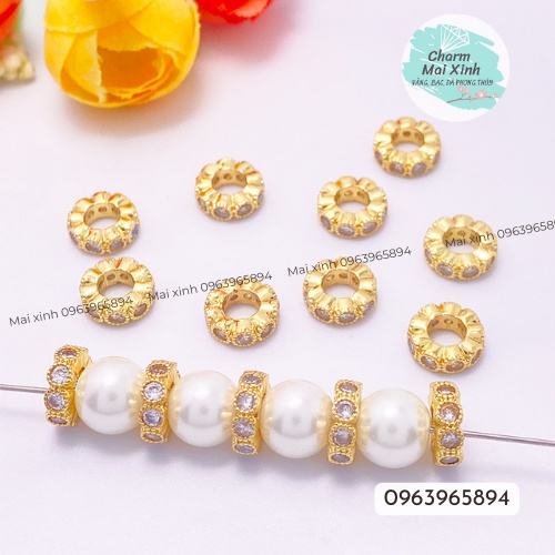 Hạt Đệm Chặn zircon đính đá - Charm Phụ kiện trang sức xâu vòng tay phong thuỷ nam nữ, chuỗi hạt bằng kim loại đồng