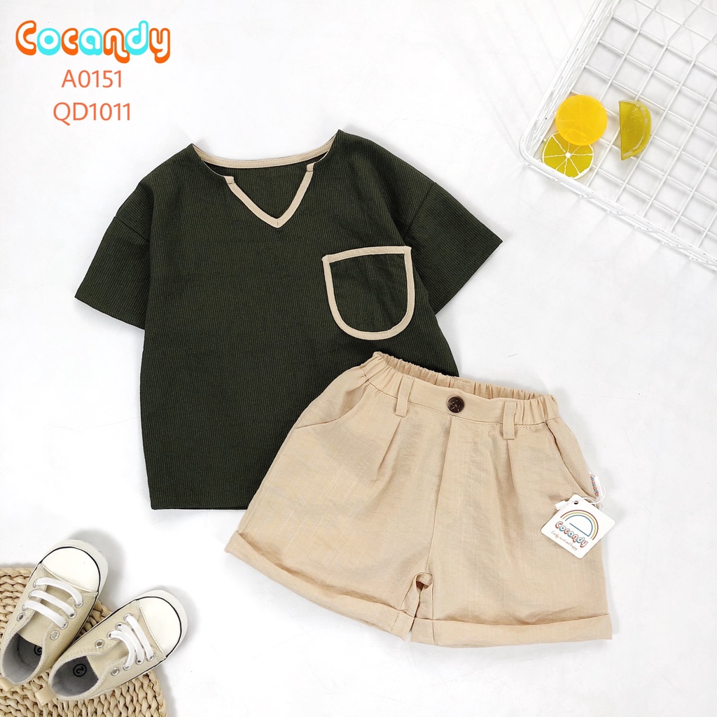 Set đồ cho bé -Áo XANH cổ V, áo nâu cam cổ tròn và quần cộc kaki be cho bé của COCANDY mã A0151,A0261,QD101120