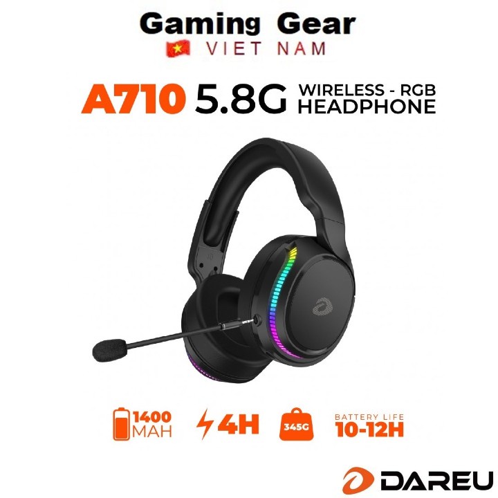 Tai nghe không dây Gaming Dareu A710 RGB| Wireless 5.8Ghz ( Pin Sạc )