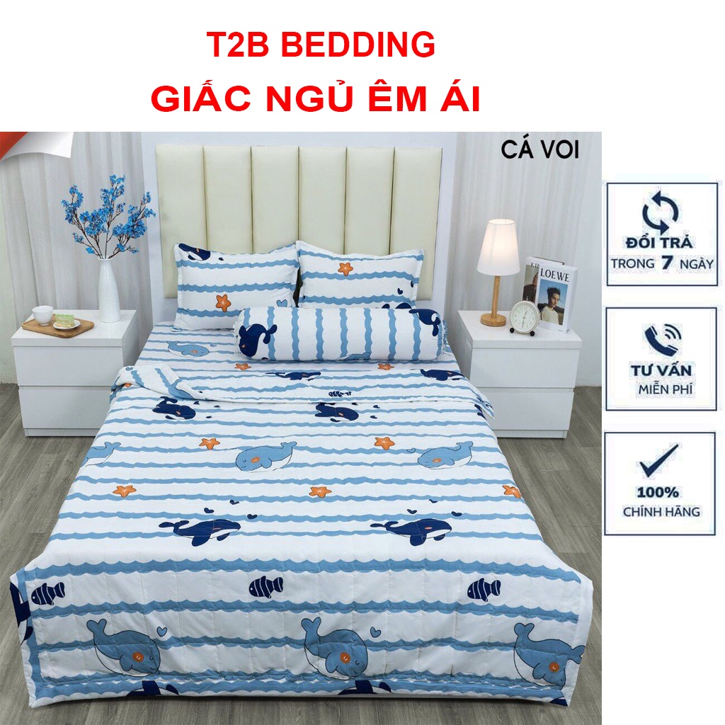 Bộ 3 Món ga gối cotton poly 1m6 x 2m , Mẫu Cá heo xanh