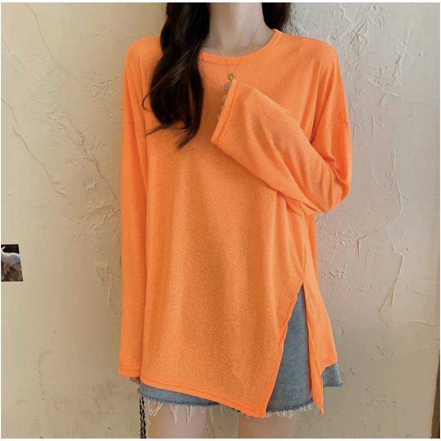 Áo thun xẻ tà nữ tay dài cotton xược, thun giấy, vân xược NEONVN, Tay dài, xẻ tà siêu xinh
