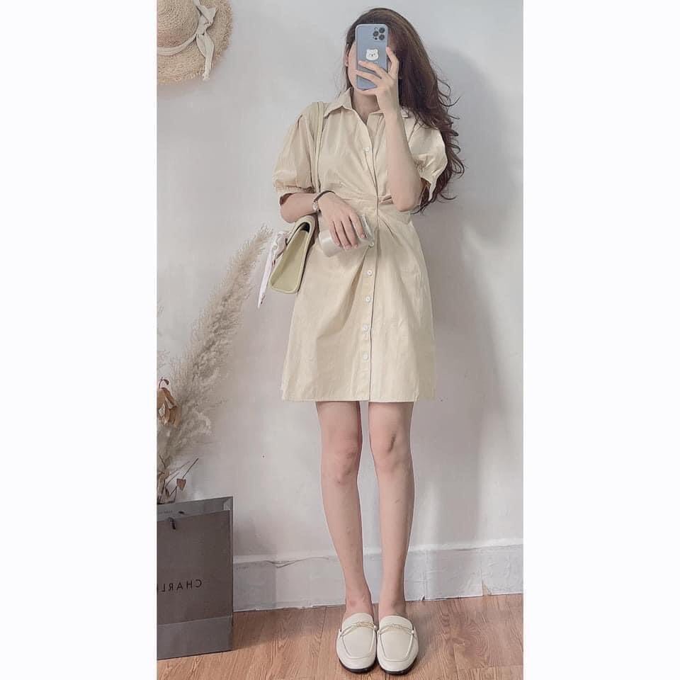 [Ảnh thật/Sẵn] Đầm - Váy sơ mi nhún eo xếp li tay bồng ulzzang