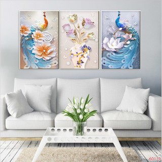 Tranh Treo Tường Chim Công - Bộ tranh treo tường chim công 3 tấm ghép 3D hiện đai