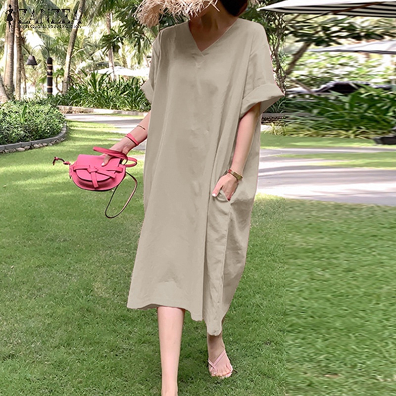 Đầm midi ZANZEA tay ngắn cổ chữ V phong cách Hàn Quốc cho nữ