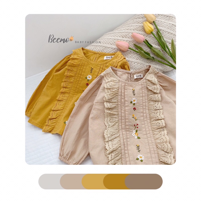 Áo sơ mi thô thêu hoa trước ngực tiểu thư kiểu dáng hàn quốc, tay bồng cho bé gái hãng Beemo