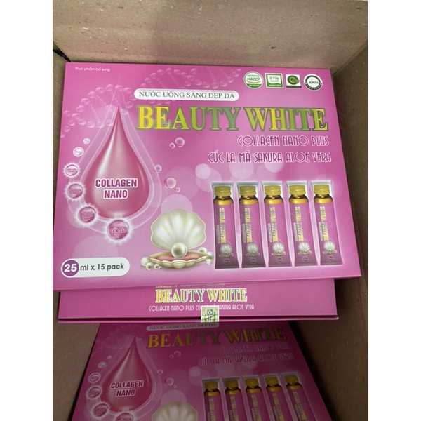 Nước uống sáng đẹp da BEAUTY WHITE COLLAGEN NANO PLUS Cúc la mã Sakura Aloe vera - Hộp 15 túi x 25ml