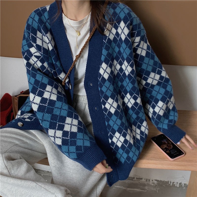 Áo Khoác Cardigan Dệt Kim Dáng Rộng Màu Sắc Tương Phản Phong Cách Retro Cho Nữ