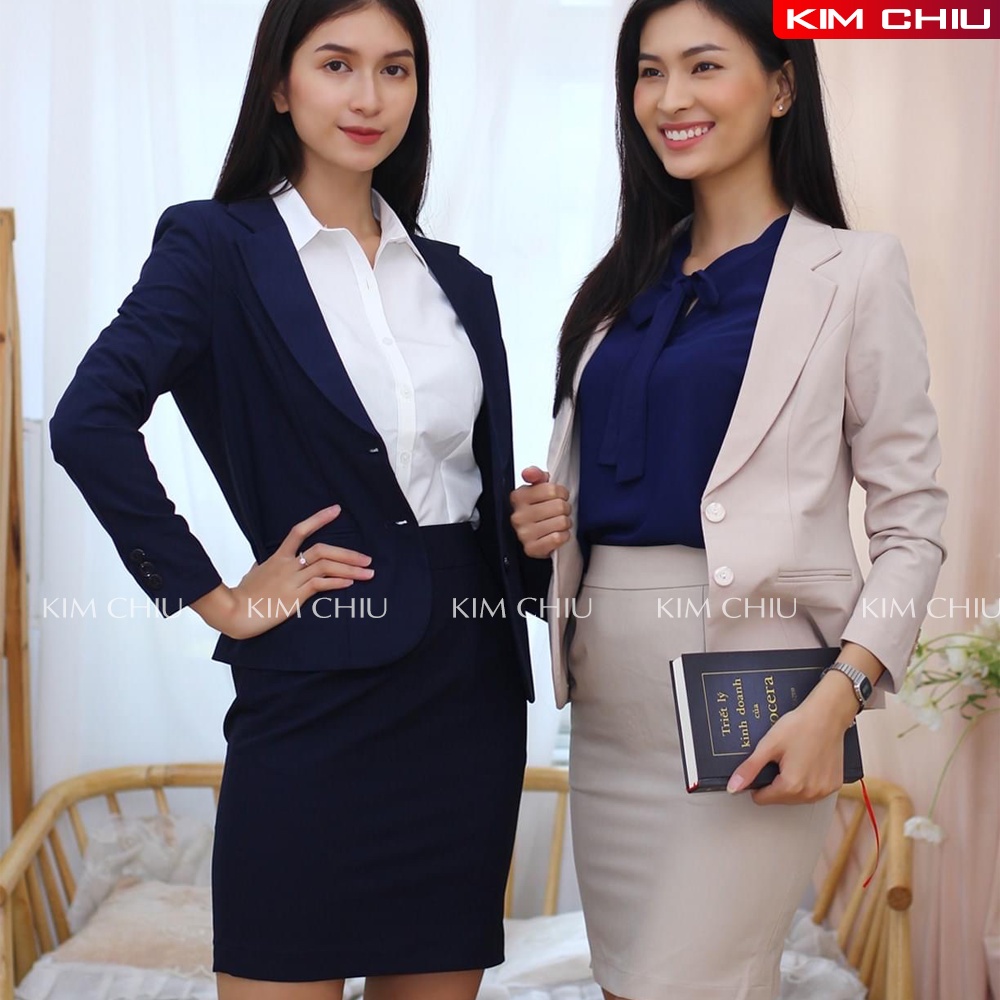 Bộ Vest Nữ Công Sở Cao Cấp Màu Đen, Xanh Đen, Áo Tay Dài Kết Hợp Chân Váy Ôm Vải Tuyết Mưa Form Đẹp. BVTD-1628 | BigBuy360 - bigbuy360.vn