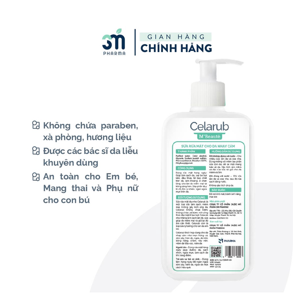 Sữa Rửa Mặt Dịu Nhẹ Celarub Cho Da Nhạy Cảm, Da Khô, Dưỡng Ẩm, Không Chứa Xà Phòng, Cân Bằng Độ pH Cho Da 220ml