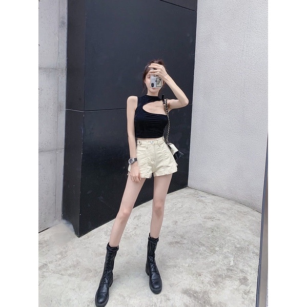Quần short jean nữ màu đen be lưng cao phối khoá sườn cực chất phong cách cá tính xu hướng thời trang Hàn Quốc