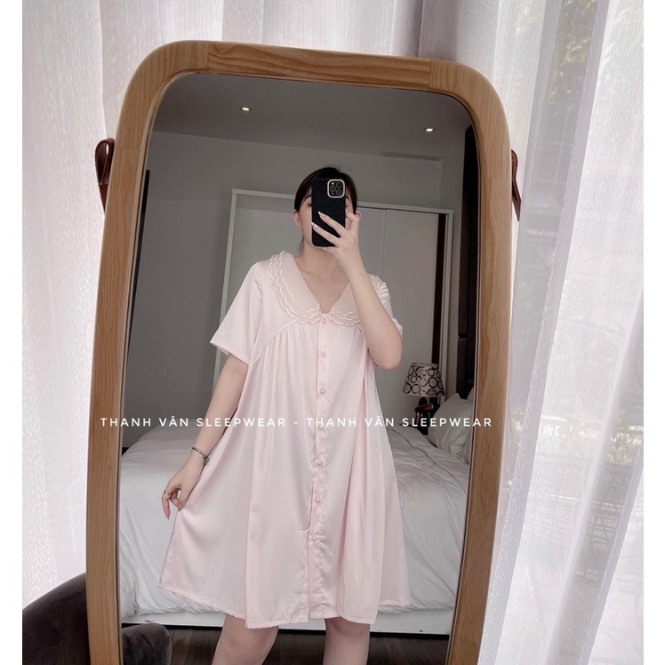 Đầm váy tay ngắn cổ thêu LỤA LATIN sang trọng mặc nhà chuẩn QCCC