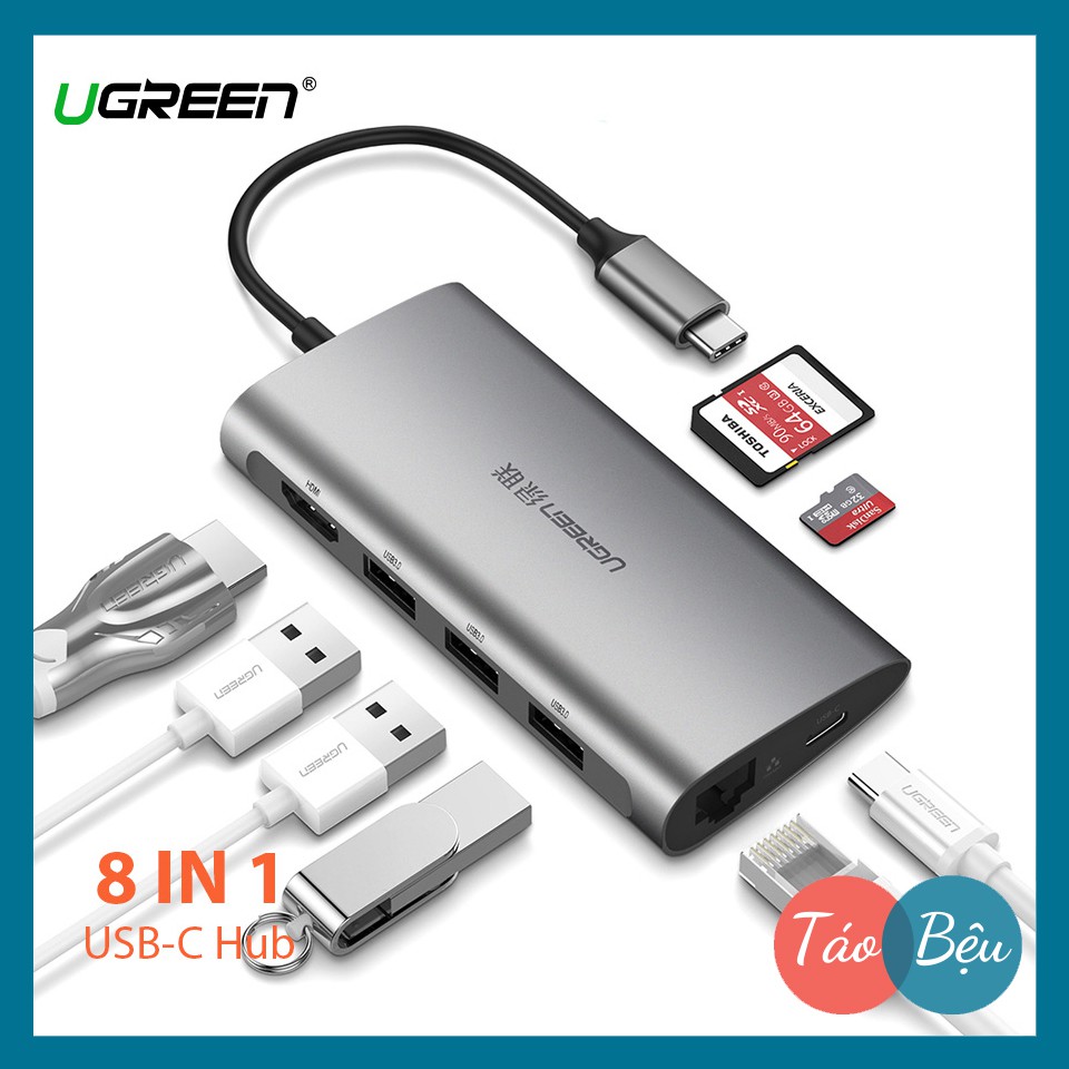 [8 IN1] Cáp Chuyển USB Type C Sang 3xUSB 3.0+HDMI+RJ45+SD, TF Ugreen (50538)