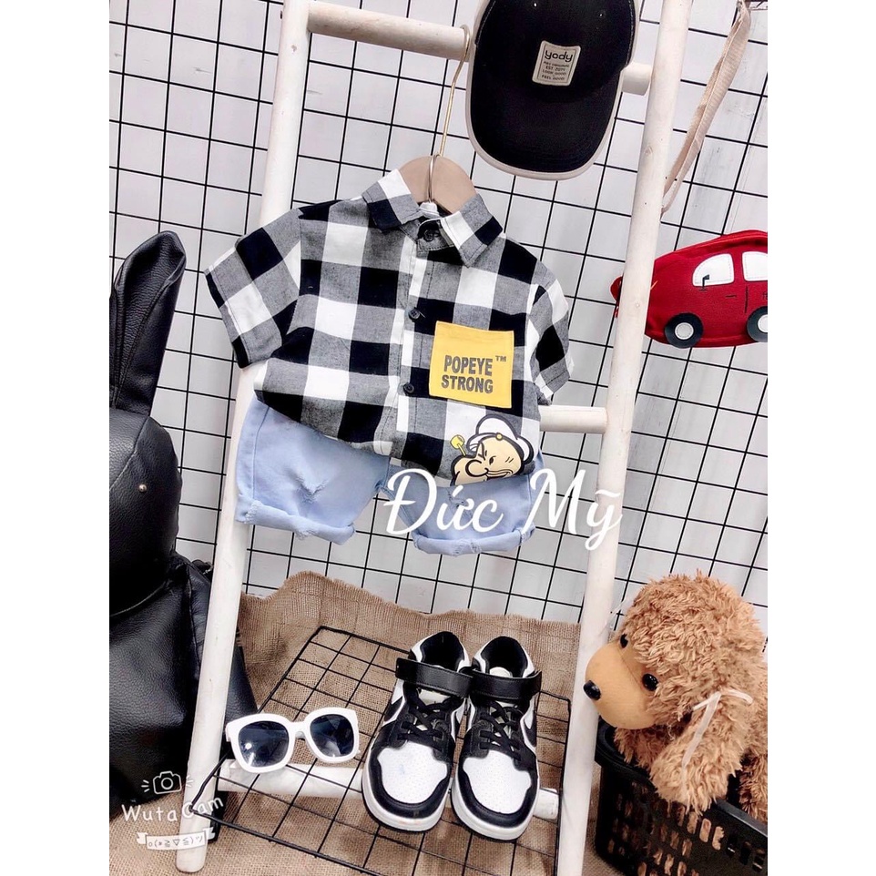 Set quần áo cho bé trai áo sơ mi mix quần jeans hàng qc cao cấp