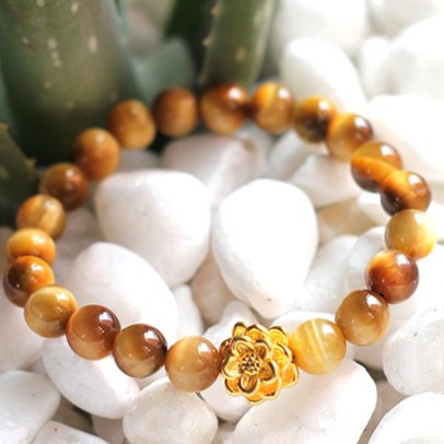 VTMC102 Vòng Tay Đá Mắt Hổ Vàng 8mm Mix Hoa Sen Bạc 925 Mạ Vàng