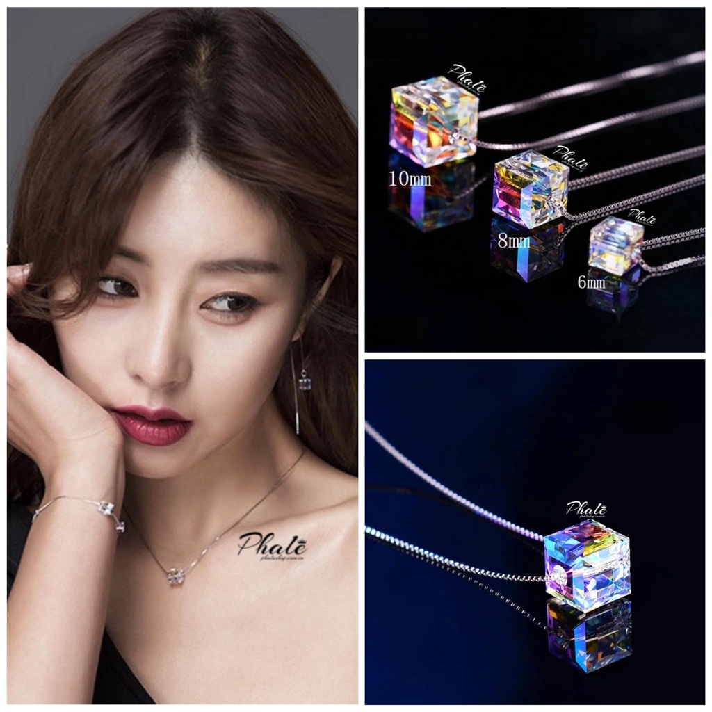 Dây Chuyền Bạc S925 Thiết Kế Với Pha Lê Swarovski Vuông Trắng